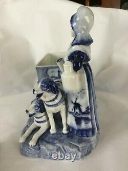 Antique German Germany Delft Figurine Cobalt Blue Milk Wagon W Dutch Girl & Dogs