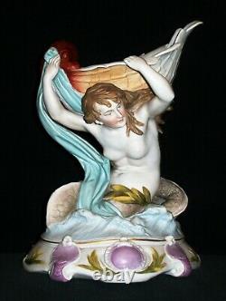 Antique German Kpm Nude Lady Mermaid Goddess & Shell Bisque Porcelain Figurine