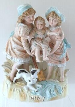 Antique German Large 10.5H Figural Bisque of Three Sisters Playing & a Puppy