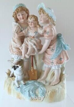 Antique German Large 10.5H Figural Bisque of Three Sisters Playing & a Puppy