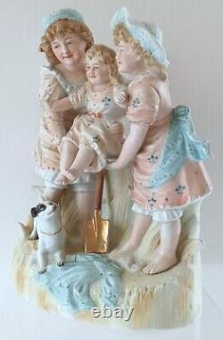 Antique German Large 10.5H Figural Bisque of Three Sisters Playing & a Puppy