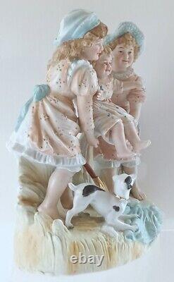 Antique German Large 10.5H Figural Bisque of Three Sisters Playing & a Puppy