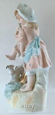 Antique German Large 10.5H Figural Bisque of Three Sisters Playing & a Puppy