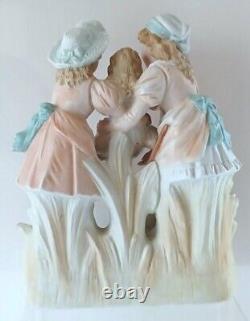 Antique German Large 10.5H Figural Bisque of Three Sisters Playing & a Puppy