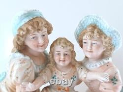 Antique German Large 10.5H Figural Bisque of Three Sisters Playing & a Puppy