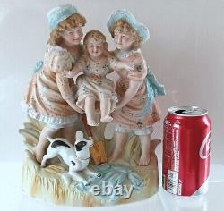 Antique German Large 10.5H Figural Bisque of Three Sisters Playing & a Puppy