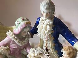 Antique German Mueller Volkstedt Porcelain Lace Figurine Happy Family, Large 12