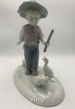 Antique German Porcelain Figurine Garçom with Ducks Statue Kid Stick Play 20th