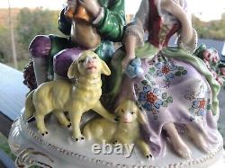 Antique German Porcelain Statue group romantic scene with lambs