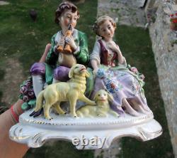 Antique German Porcelain Statue group romantic scene with lambs