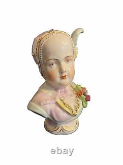 Antique German Sitzendorf Porcelain Figurine Bust in Bonnet