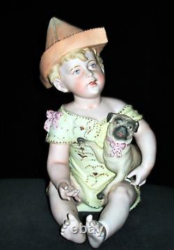 Antique German Victorian Rudolstadt Piano Baby Girl Doll Pug Dog Bisque Figurine