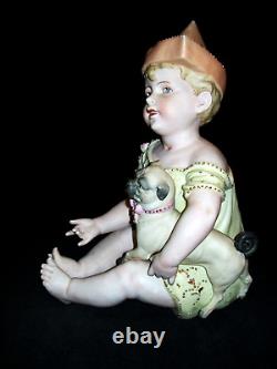 Antique German Victorian Rudolstadt Piano Baby Girl Doll Pug Dog Bisque Figurine