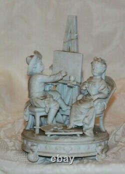 Antique German or French White Bisque Boy Painting Girl Large Figurine