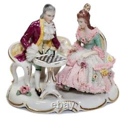 Antique Germany Dresden Hand Painted Couple Playing Chess Lace Porcelain Figure