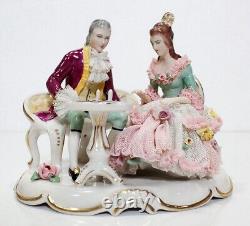 Antique Germany Dresden Hand Painted Couple Playing Chess Lace Porcelain Figure