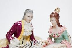 Antique Germany Dresden Hand Painted Couple Playing Chess Lace Porcelain Figure