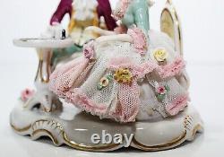 Antique Germany Dresden Hand Painted Couple Playing Chess Lace Porcelain Figure