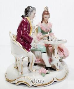 Antique Germany Dresden Hand Painted Couple Playing Chess Lace Porcelain Figure