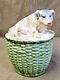 Antique Germany Porcelain Pig Figurine Lided Green Basket Container Box Bowl