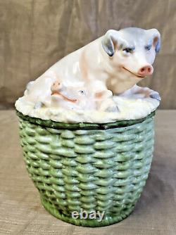 Antique Germany Porcelain Pig FIgurine Lided Green Basket Container Box Bowl