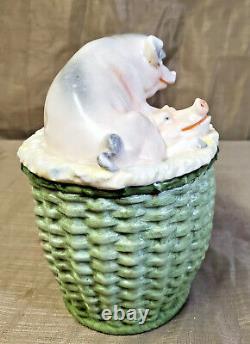 Antique Germany Porcelain Pig FIgurine Lided Green Basket Container Box Bowl