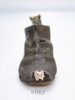 Antique Germany Terra Cotta Miniature Cat & Mouse in Shoe Figurine Sculpture