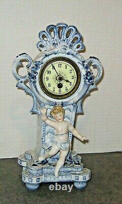 Antique H. A. C. Figurine Porcelain Mantle Clock Working Hamburg America German
