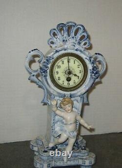 Antique H. A. C. Figurine Porcelain Mantle Clock Working Hamburg America German
