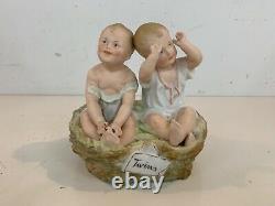 Antique Heubach German Bisque Piano Baby Twins on Bird's Nest Figurine Rare