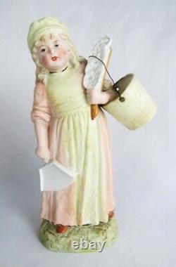 Antique Heubach Germany Bisque 9 Boy & Girl Holding Bucket/Brush Figurine Pair