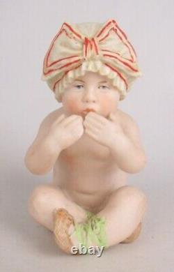 Antique Heubach Germany Bisque Baby in Bathing Cap Blowing Kisses 4 Figurine