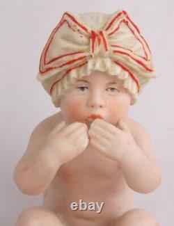 Antique Heubach Germany Bisque Baby in Bathing Cap Blowing Kisses 4 Figurine