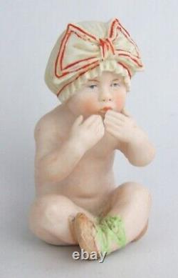 Antique Heubach Germany Bisque Baby in Bathing Cap Blowing Kisses 4 Figurine