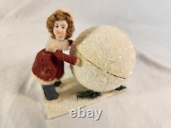 Antique Heubach Spun Cotton Bisque Head Girl Snowball Candy Container Christmas