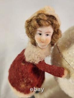 Antique Heubach Spun Cotton Bisque Head Girl Snowball Candy Container Christmas