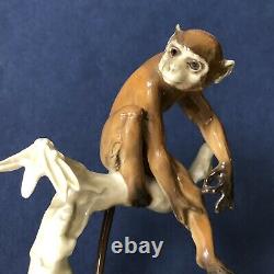 Antique Hutschenreuther Germany Monkey Sitting In Tree Figurine Fine Porcelain