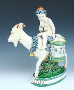 Antique Karlsruhe Putti with Goat Majolica Pottery Planter Vase Figurine German
