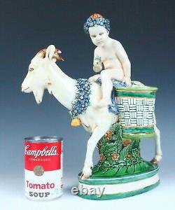 Antique Karlsruhe Putti with Goat Majolica Pottery Planter Vase Figurine German