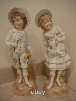 Antique Large German Bisque Porcelain China Pair Figurines Statues Boy Girl Rw