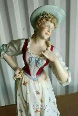 Antique Large German Volkstedt Porcelain Figurine, Country Lady, 16 high