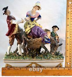 Antique Large Meissen Style Figural Group Man Woman Child Donkey Very Detailed