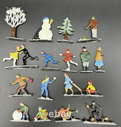 Antique Lot (16) HEINRICKSEN Flat Tin Miniature Snow Scene Figure GERMANY