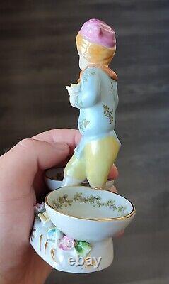 Antique Meissen Porcelain Figurine Boy And Two Bowls Vintage Germany