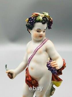 Antique Meissen Porcelain Figurine Putti Cherub Grape Harvester Crown Vine
