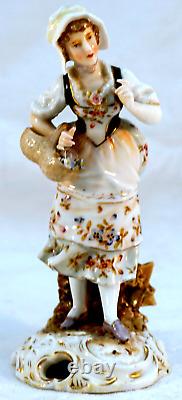 Antique Meissen style Porcelain Figurine Lady in Bonnet with Flower Basket