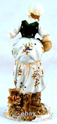 Antique Meissen style Porcelain Figurine Lady in Bonnet with Flower Basket