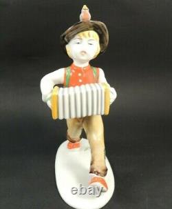 Antique Metzler & Ortloff Germany Porcelain Figurine Boy withAccordion And Bird