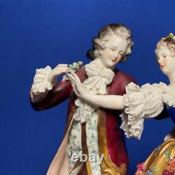 Antique Original Germany Dresden Lace Volkstedt Couple Lovers Porcelain Figurine