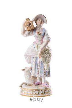 Antique Original Porcelain Figurine Meissen Lady with bird and sheep Marked 18cm